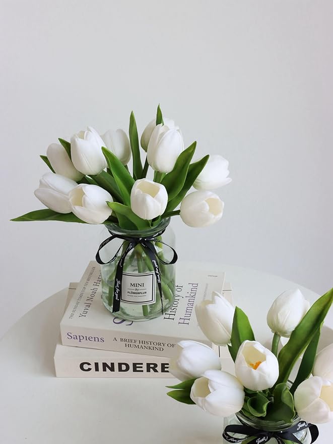 10pcs Fake Faux Tulips in Vase,Silk White Tulipanes Tulips Artificial Flowers Real Touch Arrangements with Vase for Desk Table Decoration Home Decor