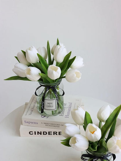 10pcs Fake Faux Tulips in Vase,Silk White Tulipanes Tulips Artificial Flowers Real Touch Arrangements with Vase for Desk Table Decoration Home Decor