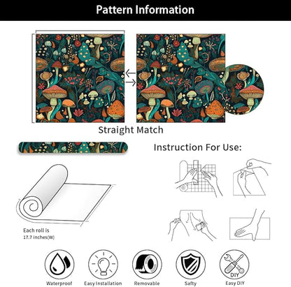 Dark Green/Brown/Teal Blue Mystical Forest Mushroom Peel and Stick Wallpaper Easy Peel Off Contact Paper Stick on Adhesive Wall Paper for Bathroom Waterproof Renter Friendly