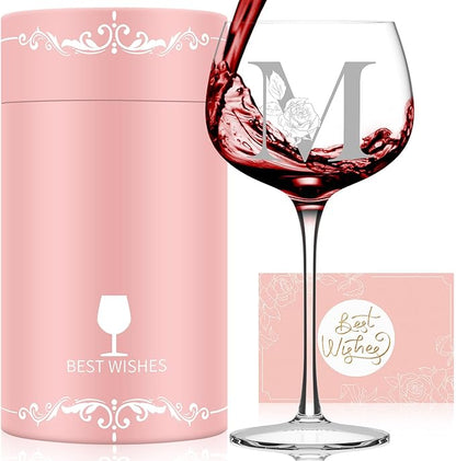 Personalized Gifts for Women, Monogrammed A-Z Wine Glass Customized Gift, Unique Christmas Birthday Gifts for Women Her Mom Friend Sister Wife Daughter Nurse (M)