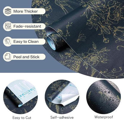 Floral Birds Wallpaper Peel and Stick Dark Blue Contact Paper 16.9”x 118.1” Vintage Floral Self Adhesive Removable Wallpaper Flower Birds Wall Paper for Bathroom Kitchen Decor Vinyl