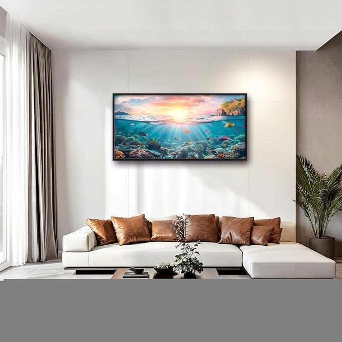 Ocean Fish Large Wall Art Framed Wall Decor for Living Room, Ocean Sunset Pictures Oversized Canvas Print Painting Modern Extra Large Framed Artwork for Bedroom Office Home Decor 60"x30"