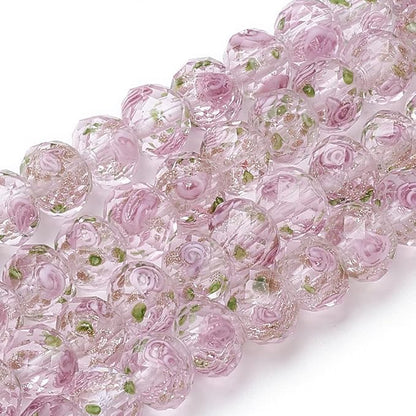 PH PandaHall 60pcs 8~10mm Pink Rose Lampwork Beads Gold Sand Glass Beads Flower Glass Beads 1.5~2mm Hole Floral Handmade Lampwork Beads Round Loose Beads for Rosary Making Jewelry Craft Making