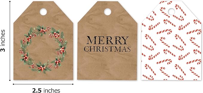 Pro Supply Global 24 Count of 2.5 Inch x 3 Inch Pre Strung Christmas Candy Canes Gift Tag Assorted Printed Designs on Large Cardstock Gift Hang Tags - Ideal to Use on Bags