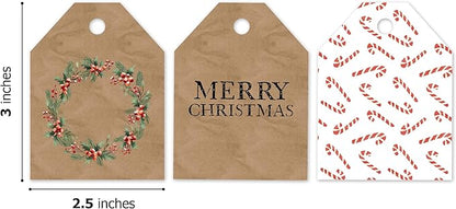 Pro Supply Global 24 Count of 2.5 Inch x 3 Inch Pre Strung Christmas Candy Canes Gift Tag Assorted Printed Designs on Large Cardstock Gift Hang Tags - Ideal to Use on Bags