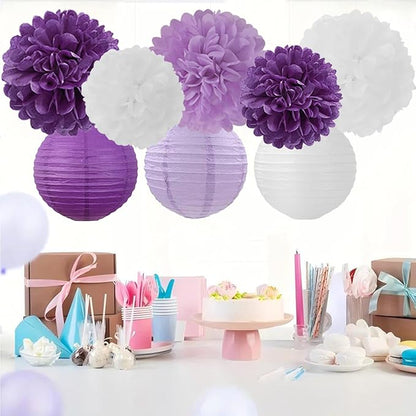 Purple White Paper Flowers Tissue Pom Poms Honeycomb Lanterns 15pcs Party Decorations for Birthday Lavender Baby Shower Wedding Mom Bridal Lilac Retirement Graduation Hanging Decor Mprocherify