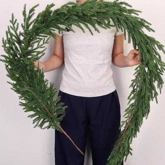 6 Ft Christmas Norfolk Pine Garland Real Touch Artificial Faux Greenery Christmas Garland Decorations for Home Mantle Table Stairs Fireplace Door Indoor Outdoor Holiday Decor