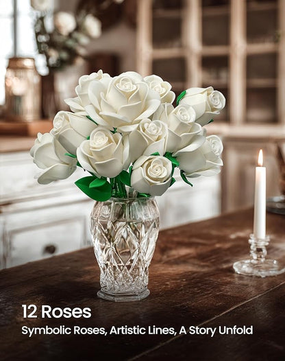 iATOM White Rose Bouquet Building Set, Wedding Artificial Flowers Botanical Collection for Adults Women, Gift for Christmas & Valentines Day - Home Office Table Centerpiece Decor - IA11013