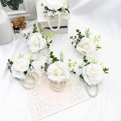 Meldel White Ivory Rose Wrist Corsage Boutonniere for Men Wedding Wrist Flower Corsage Hand Flower for Bride Bridesmaid Prom Decor Paty Girl