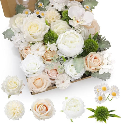 Jspupifip Artificial Flowers Combo Box, Silk Floral Wedding Bouquets Rose with Stem for DIY Wedding Arrangement Bridal Baby Shower Flower Vase Centerpiece Cake Decor (White, Champagne)