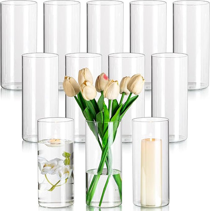 Glasseam Glass Cylinder Vases for Centerpieces, Clear Flower Vase Set of 12, Modern Floating Candle Vases Decor, Decorative Hurricane Pillar Candle Holders for Wedding Dining Table Decorations, 8in
