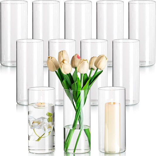 Glasseam Glass Cylinder Vases for Centerpieces, Clear Flower Vase Set of 12, Modern Floating Candle Vases Decor, Decorative Hurricane Pillar Candle Holders for Wedding Dining Table Decorations, 8in