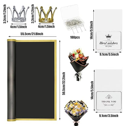 Woohome 106 PCS Flower Wrapping Paper Bouquet Wrapping Paper Sheets Waterproof Floral Wrapping Paper with Diamond Pins Ribbons Wishes Cards, DIY Floral Paper for Flower Shop
