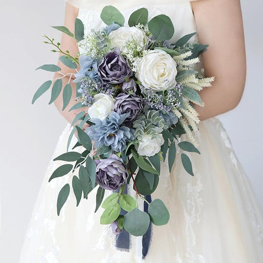 Bridal Bouquets for Bride, Haze Blue Wedding Bouquets for Bride Artificial Roses Flowers Waterfall Bridal Bouquet Cascading Wedding Bouquet for Wedding Party Bridal Shower Decoration