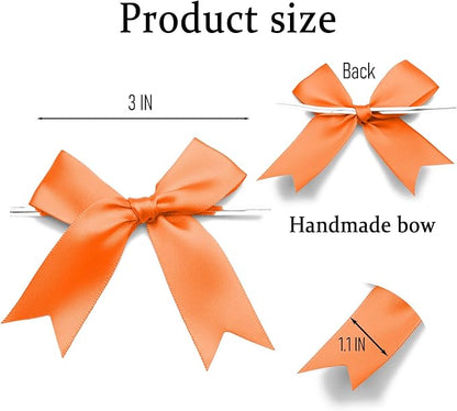 50 Counts Orange Twist Tie Bows 3.1" Pre-Tied Satin Ribbon Bow Decor Mini Twist Tie Bows for Gift Wrapping Treat Bags Cake Bridal Baby Shower Birthday Party Favors Wedding Decorations