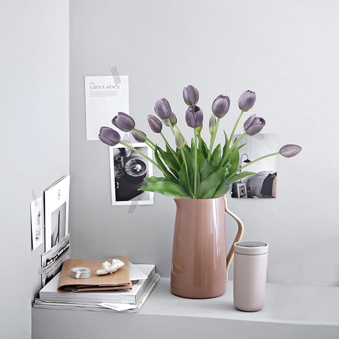 15 Pcs Artificial Flowers Tulips Real Touch Latex Plastic Soft Faux Bouquets for Party, Wedding, Home, Room, Garden Decor (Fall Purple)