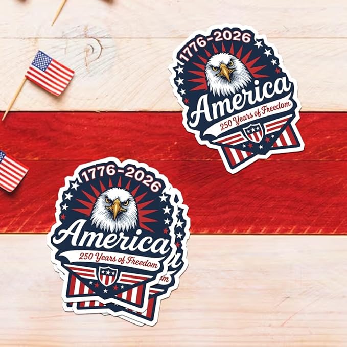HANDICHI Design 5-Pack 5 Inch USA 250th Anniversary Stickers – Bald Eagle “250 Years of Freedom” Patriotic Vinyl Decals 1776-2026 for Cars, Laptops & Scrapbooks
