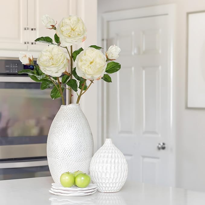 Real Touch Artificial Roses (Set of 3) – 23.6" Long Stem White Garden Roses – Lifelike Faux Silk Flowers for Wedding Bouquets, Home Décor, Centerpieces & Floral Arrangements