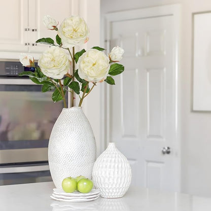 Real Touch Artificial Roses (Set of 3) – 23.6" Long Stem White Garden Roses – Lifelike Faux Silk Flowers for Wedding Bouquets, Home Décor, Centerpieces & Floral Arrangements