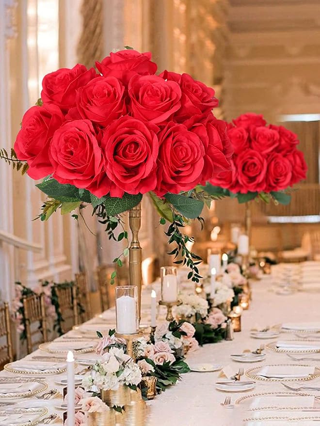 LFF 10pcs Silk Rose Flowers Long Stem Artificial Rose Flower for Home Wedding Party Decor (Red)