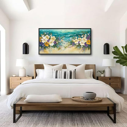 Beach Floral Large Wall Art Coastal Flower Pictures Wall Decor Summer Canvas Seascape Print Painting Modern Artwork Home Decoration for Living Room Bathroom Bedroom Office Framed 60"x30"