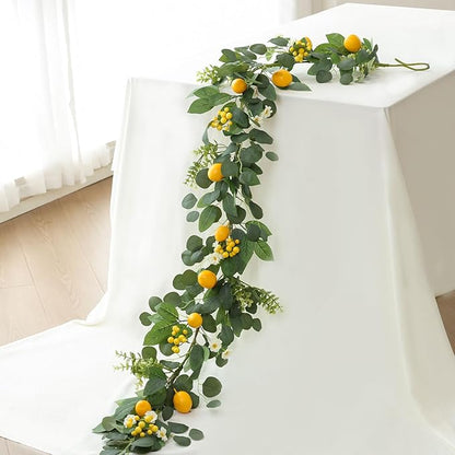 Mizii Artificial Lemon Garland 6FT Fake Fruit Lemons Garland with Green Eucalyptus Leaves Hanging Vines Greenery Decorations for Kitchen Table Centerpieces Room Wall Party Birthday Decor (Eucalyptus)