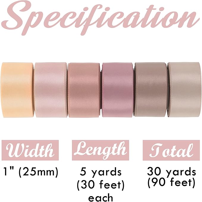 HUIHUANG Dusty Rose Wedding Ribbon Double-Faced Satin Ribbon Assortment 1" Wide Rose Pink Silk Ribbons for Gift Wrap Wedding Bridal Baby Shower Decor Flower Bouquet Crafts- 6 Colors X 5 Yards Each