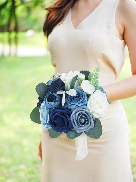Rinlong 1Pc Navy Blue Bridesmaids Bridal Bouquet Artificial Wedding Bouquets for Bride Bridesmaid Silk Bouquet for Wedding Prom