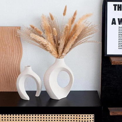 Ceramic Vases for Home Decor Set of 2, Off White Boho Small Flower Vase, Minimalist Decorative Modern Donut Vase for Living Dining Room Office Entryway Book Shelf Coffee Console Table Décor