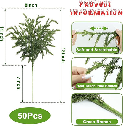 Artgar 50 Pcs Pine Branches - 18 Inch Artificial Green Pine Stem - Real Touch Pines Branches - Christmas Greenery Pines Branches for DIY Flower Arrangement Home Indoor Christmas Decor