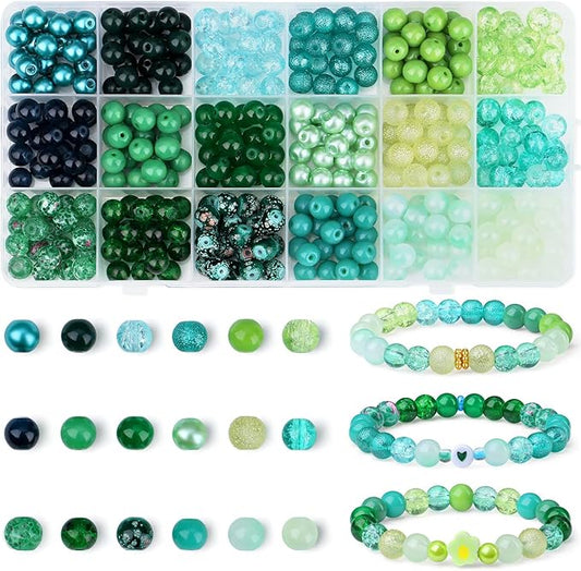DUQGUHO 8mm Green Glass Beads Bulk 360PCS, 16 Colors, Perfect for Jewelry Making, DIY Crafts & Home Decor
