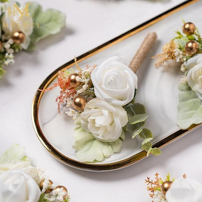 Meldel White Boutonniere for Men Wedding,Set of 6,Groom and Groomsman Boutonniere for Wedding,Greenery Rose Corsage for Men Ceremony Anniversary Party Prom Homecoming