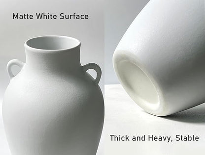 GeLive Matte White Ceramic Jar Vase with Dual Handles, Handmade 10 Inch Waterproof Rustic Farmhouse Pitcher Vase for Table Centerpiece, Flower Arrangement Home Decor