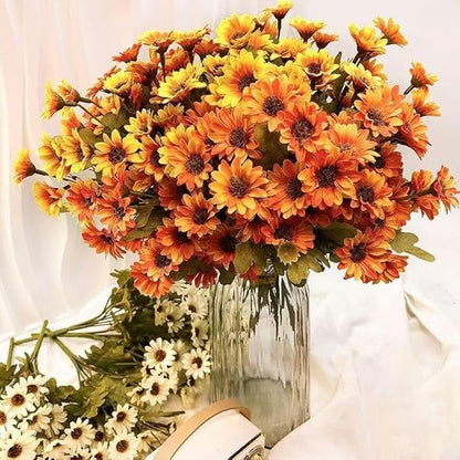 Artificial Mums 10 Bundles, Artificial Sunset Mums, Artificial Outdoor Sunset Mum-s Flowers - UV Resistant, Waterproof, Windproof, Reflecting Autumn Vibe (Gold - 10 Bundles)