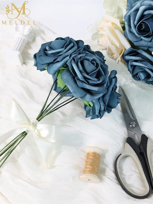 Meldel Artificial Flowers 25pcs Real Looking Dutch Blue Dusty Blue Foam Fake Roses with Stems for DIY Wedding Bouquets Bridal Shower Centerpieces Floral Arrangements Home Decorations