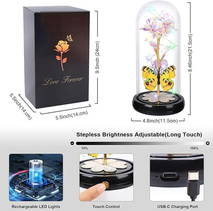 Christmas Rose Gifts for Women, Womens Gift for Christmas Rechargeable Galaxy Glass Rose Light Up Roses In Glass Dome Colorful Crystal Flower Butterfly Birthday Xmas Gifts for Women Her Wife Grandma