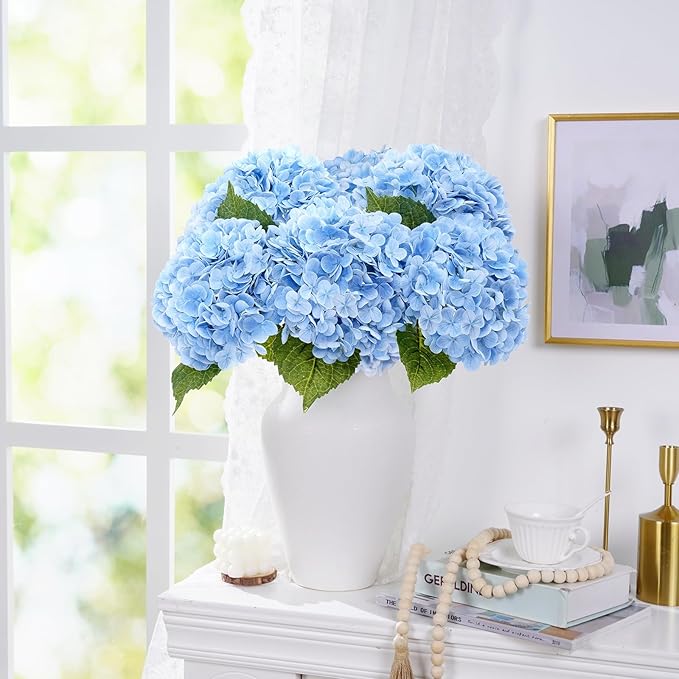 Waipfaru 4 PCS Hydrangea Artificial Flowers, Real Touch Blue Hydrangea Artificial Flowers, Full Latex Fake Hydrangeas for Home Decor Party Floral Arrangements Wedding Bouquets Centerpieces