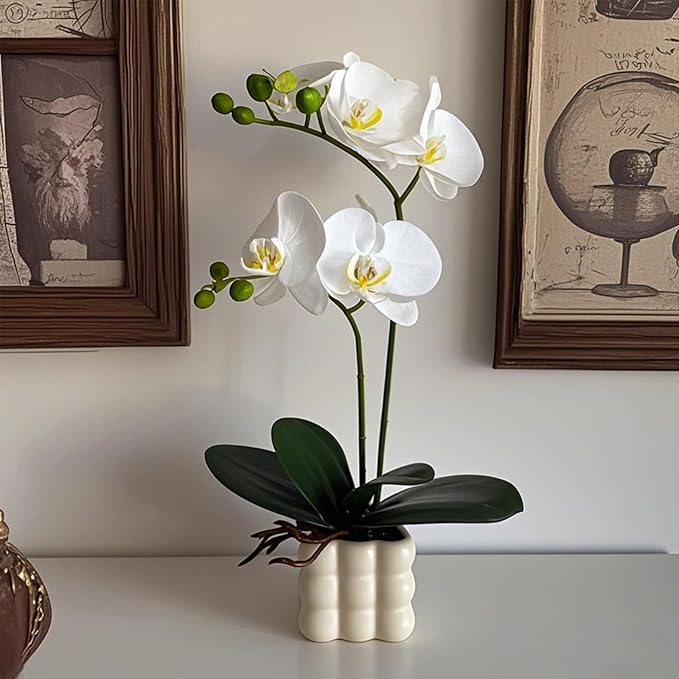 Artificial White Orchid Flower Plant, 14 inches Tall, Home Decor Orchid Artificial Flowers (White-1)