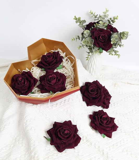Burgundy Roses 16pcs Artificial Velvet Roses Maroon Flowers 4.3" Burgundy Fake Flowers Dark Red Roses for Wedding Bouquet Flowers for Floral Centerpieces Home Party Decor (Burgundy)