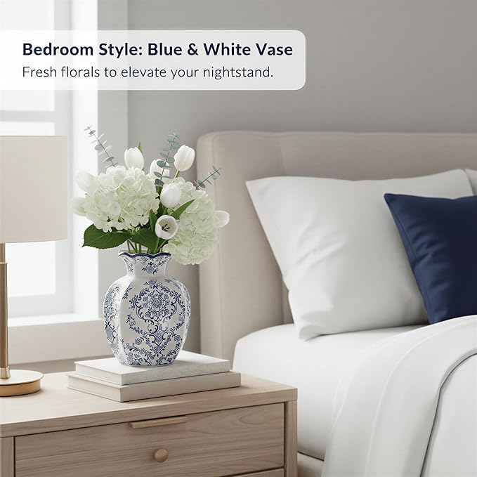 5.9-Inch Blue & White Rustic Vintage Ceramic Vase, Aesthetic Farmhouse Pottery Decor for Living Room, Dining Room, Bookshelf & Office