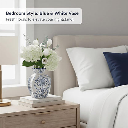 5.9-Inch Blue & White Rustic Vintage Ceramic Vase, Aesthetic Farmhouse Pottery Decor for Living Room, Dining Room, Bookshelf & Office