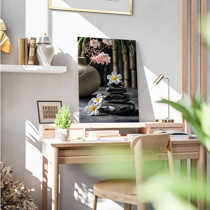 A harmonious black stone stack paired with white and pink flowers bamboo and ceramic vases creates a tranquil Zen decor for minimalist homes and mindful spaces 8x12in Wood Framed