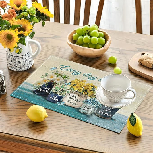 Farmhouse Spring Flower Placemats Set of 6 Every Day is A Gift Country Rustic Floral Yellow Double-Sided Table Mats for Dining Room Home Party Indoor 6 PCS 12x18 Inch