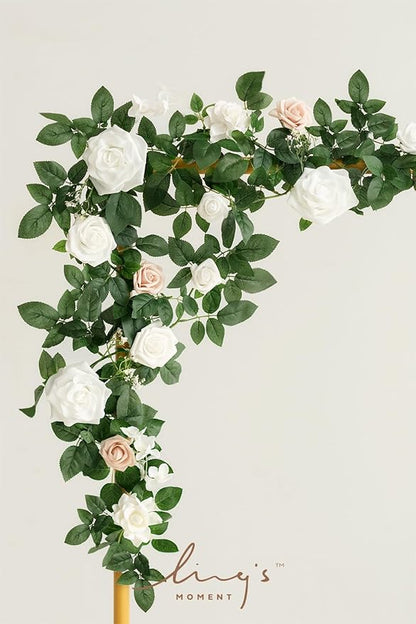 Ling's Moment 5FT White Artificial Flower Garland Fake Rose Green Leaves Floral Garland Arch Flowers Vine for Wedding Party Backdrop Decor Mantel Home Table Centerpieces Window Decorations