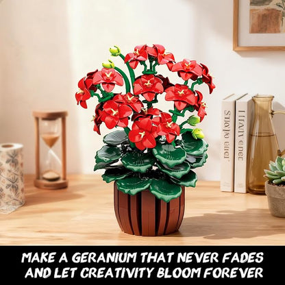 Flowers Geranium Botanicals Building Set - Artificial Bonsai Plants for Home Office Decor Display, 548PCS Geranium Flowers Pot Building Blocks for Adults Women Ages 12+ Gift for Christmas