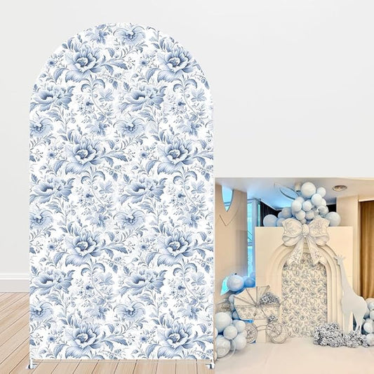 French Toile Arch Backdrop Cover Blue White Floral Baby Shower Birthday Party Elegant Vintage Theme Spandex Arch Stand Cover for Boys Newborn Celebration Tea Party Decor (G4260,5FT)