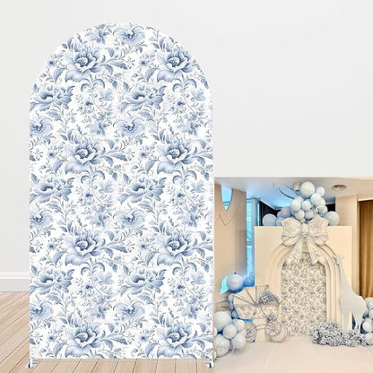 French Toile Arch Backdrop Cover Blue White Floral Baby Shower Birthday Party Elegant Vintage Theme Spandex Arch Stand Cover for Boys Newborn Celebration Tea Party Decor (G4260,7.2FT)