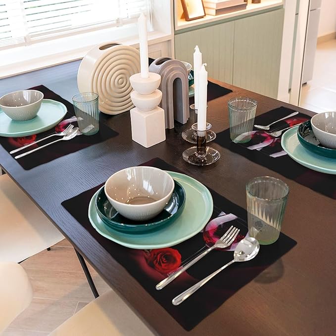 Red Wine Rose Linen Placemats Set of 4 Retro Romantic Rose Floral Art Placemat Indoor Outdoor Party Home Desktop Kitchen Dining Room Decoration 12x18 Inch