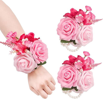 TINGE TIME Set of 2 Peach Pink Wrist Corsage Bracelets Pearl Wristlet Band Bridesmaid Bracelet for Wedding Ceremony Bridal Shower Wedding Artificial Flower Prom Hot Pink