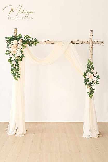 Artificial Wedding Arch Flowers Kit(Pack of 4),2Pcs Artificial Flower Arch Decor, 2Pcs Chiffon Fabric Drapes, Ceremony Decoration, Floral Outdoor Party Decor (Champagne & Cream)